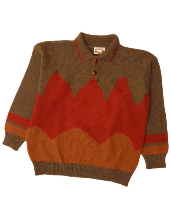 Vintage Herre Polo Neck Jumper Sweater Stor Brun Colourblock Alpaca Uld