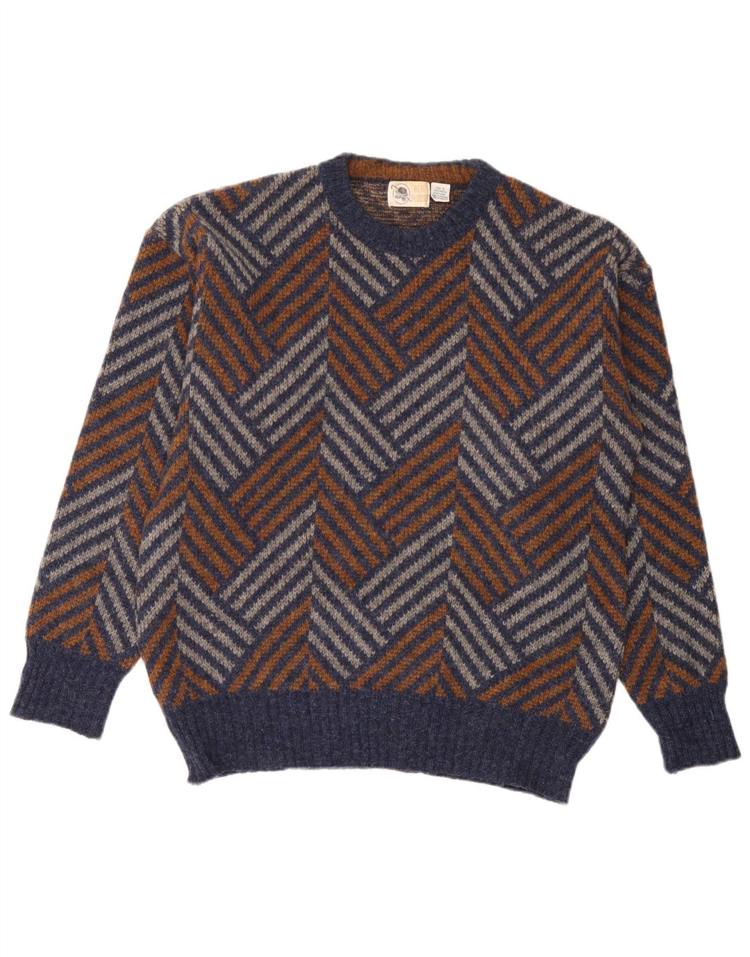 Vintage herre rund hals sweater stor flerfarvet Chevron uld