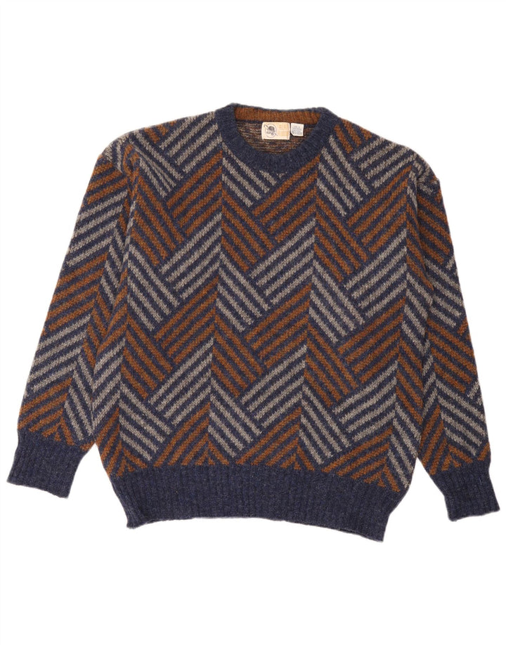 Vintage herre rund hals sweater stor flerfarvet Chevron uld