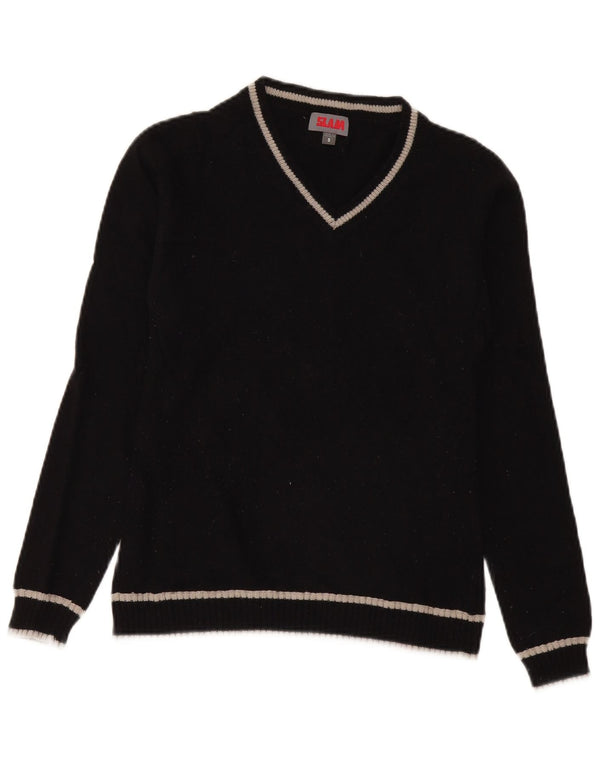 Slam Dame V-hals Jumper Sweater UK 10 Lille Sort Stribet Merino Uld