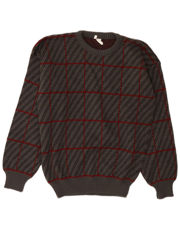 Vintage Herre Crew Neck Jumper Sweater IT 50 Medium Grey Plaid akryl