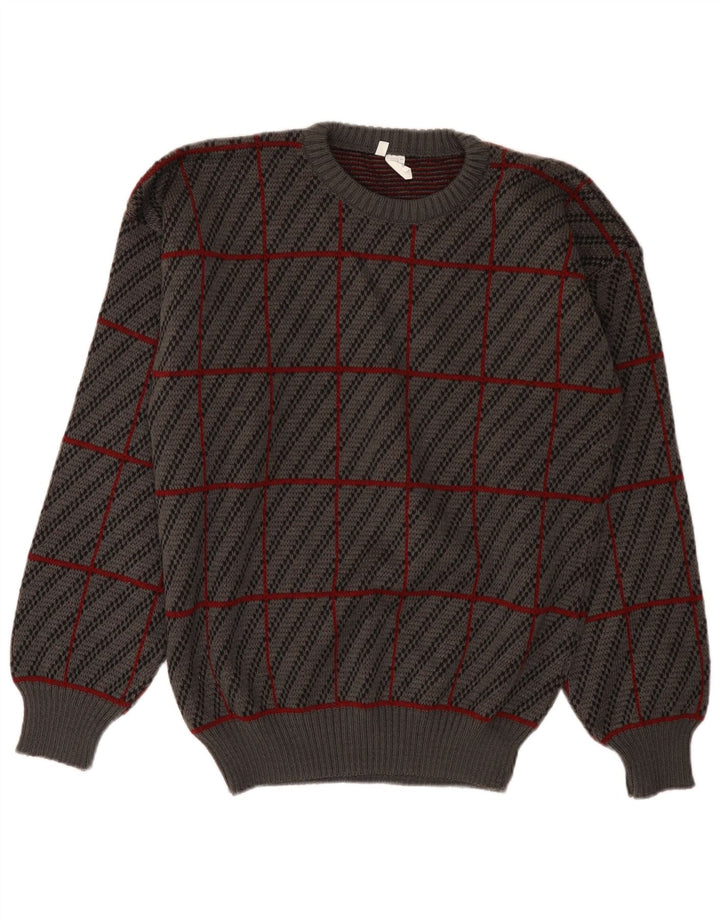 Vintage Herre Crew Neck Jumper Sweater IT 50 Medium Grey Plaid akryl