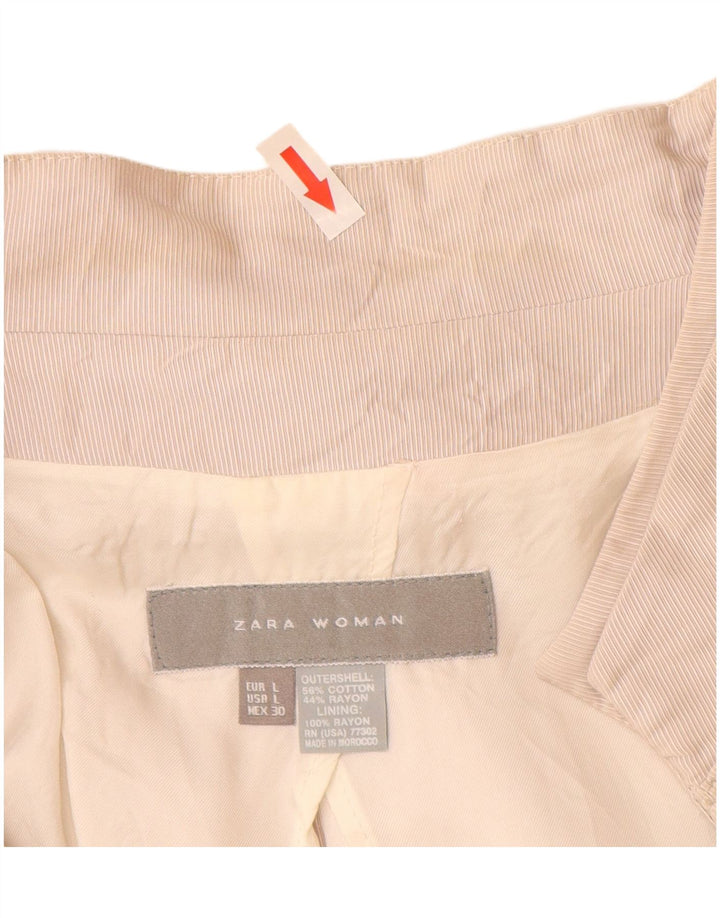 Zara Dame Kortærmet Blazer Jacket UK 16 Stor Beige Nålestribet Bomuld