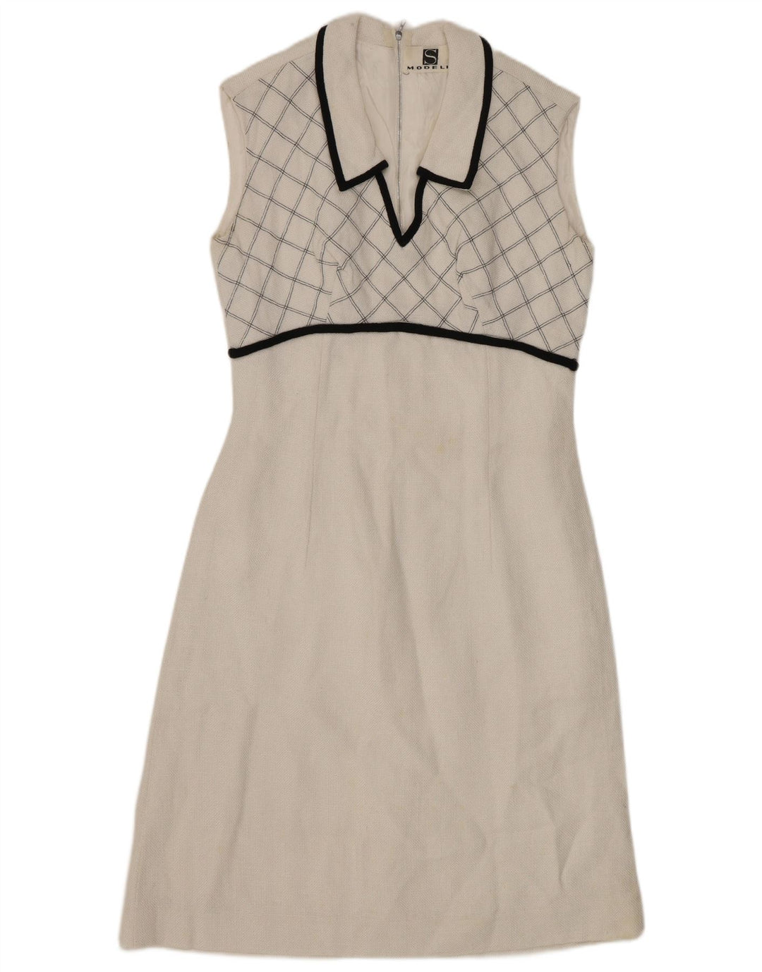 VINTAGE Dame Ærmeløs A-Line Kjole UK 8 Small White Check