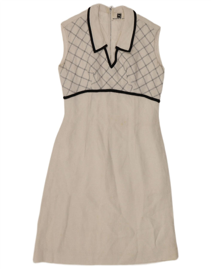 VINTAGE Dame Ærmeløs A-Line Kjole UK 8 Small White Check