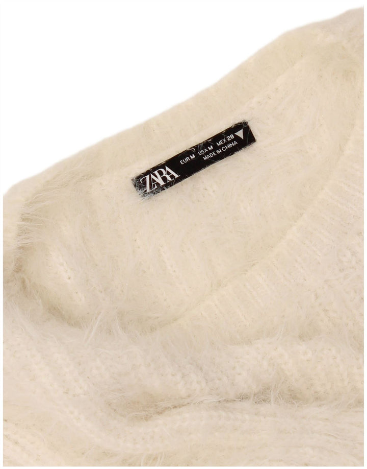 Zara Dame Crop Crew Neck Jumper Sweater UK 12 Medium Off White