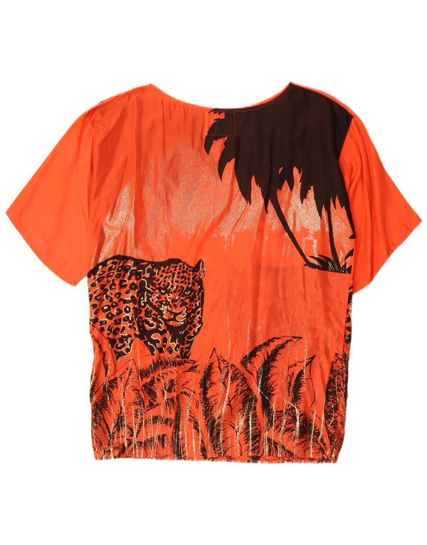 Vintage Kvinders Grafisk Oversized Bluse Top UK 10 Small Orange Silk