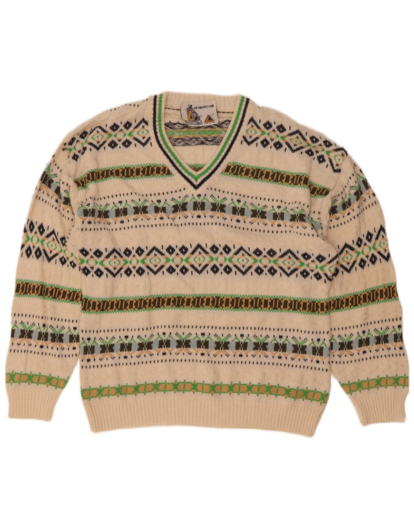 Vintage herre V-hals sweater Medium hvid geometrisk bomuld