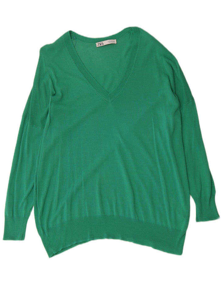Zara Dame Oversized V-hals sweater UK 14 Medium Grøn Bomuld
