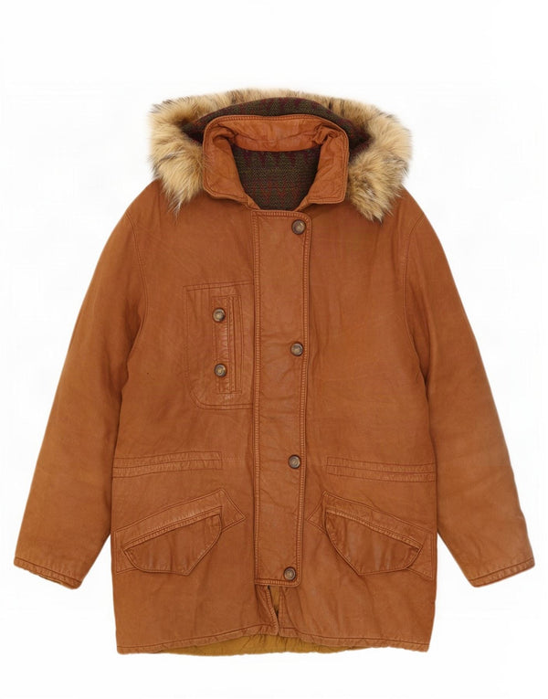 Vintage læderfrakke til kvinder med hætte UK 14 Large Brown