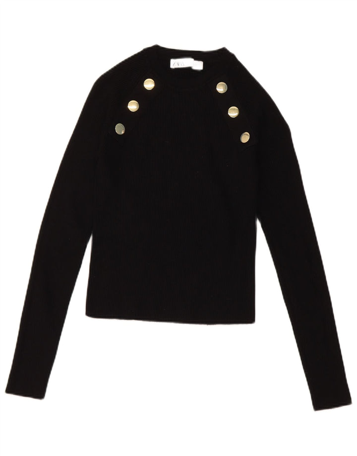 Zara Womens Crop Top Langærmet UK 14 Large Black Viscose