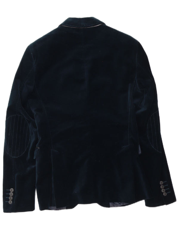 Zara Herre 2-knaps Velour Blazer Jacket EU 46 Small Navy Blue Polyester