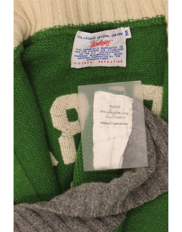 VINTAGE Herre grafisk cardigan sweater Medium Grøn Colourblock Uld
