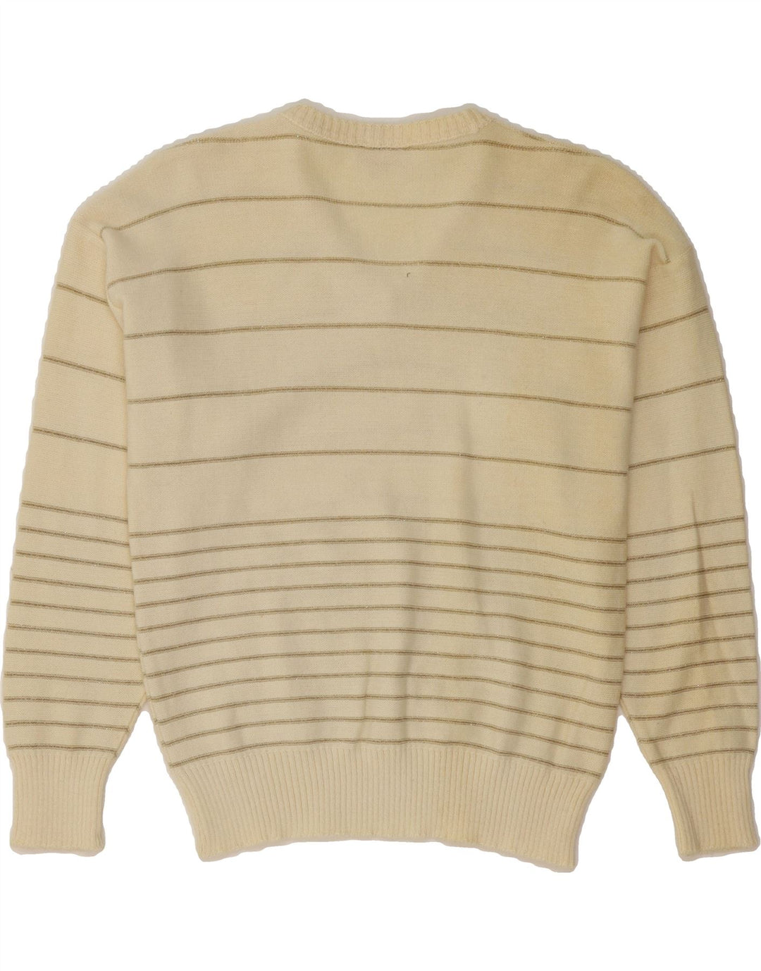 VINTAGE Womens V-Neck Jumper Sweater UK 14 Medium Beige Striped Vintage Vintage and Second-Hand Vintage from Messina Hembry 