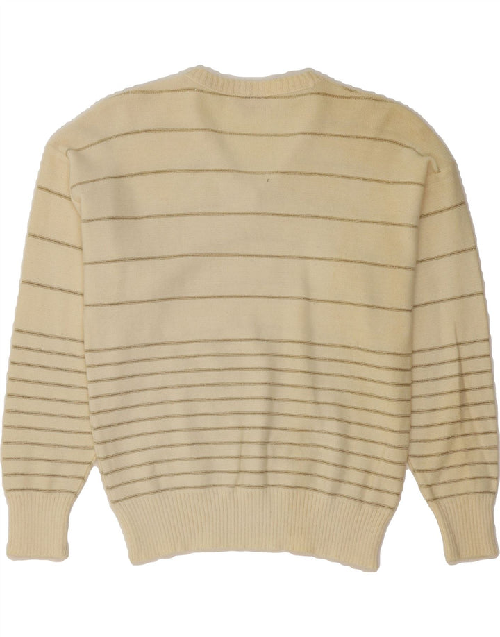 VINTAGE Womens V-Neck Jumper Sweater UK 14 Medium Beige Striped Vintage Vintage and Second-Hand Vintage from Messina Hembry 