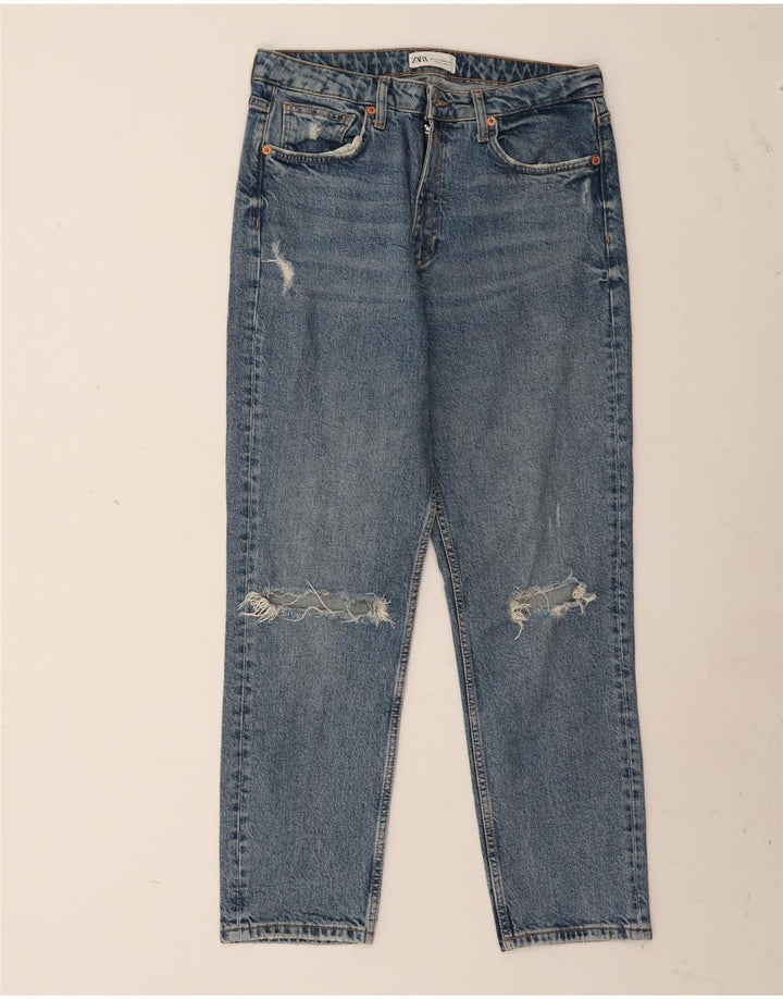 ZARA Dame Distressed Straight Jeans EU 42 Large W32 L27 Blå