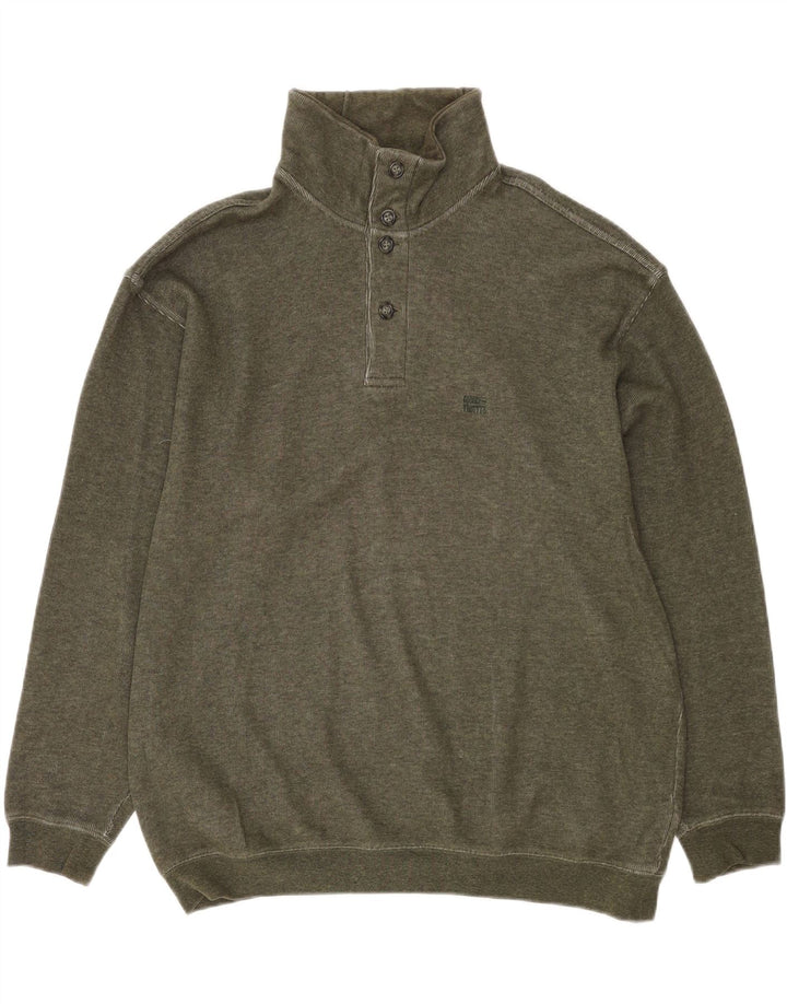 Globe Trotter Herre Button Neck Sweatshirt Jumper Stor Khaki Bomuld
