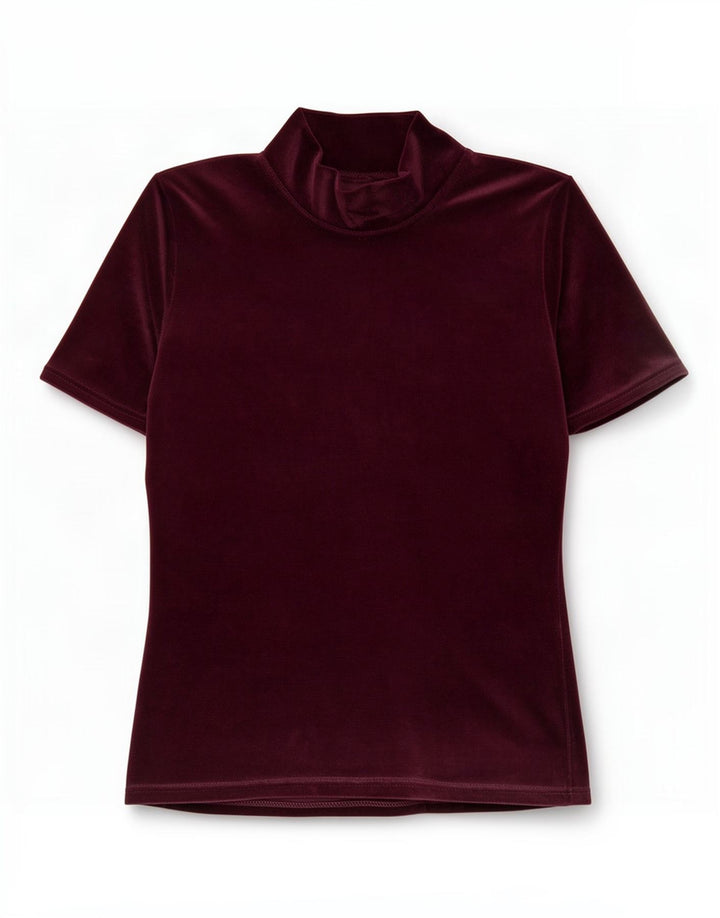 Vintage dame velour T-shirt top UK 12 Medium Burgundy Polyester