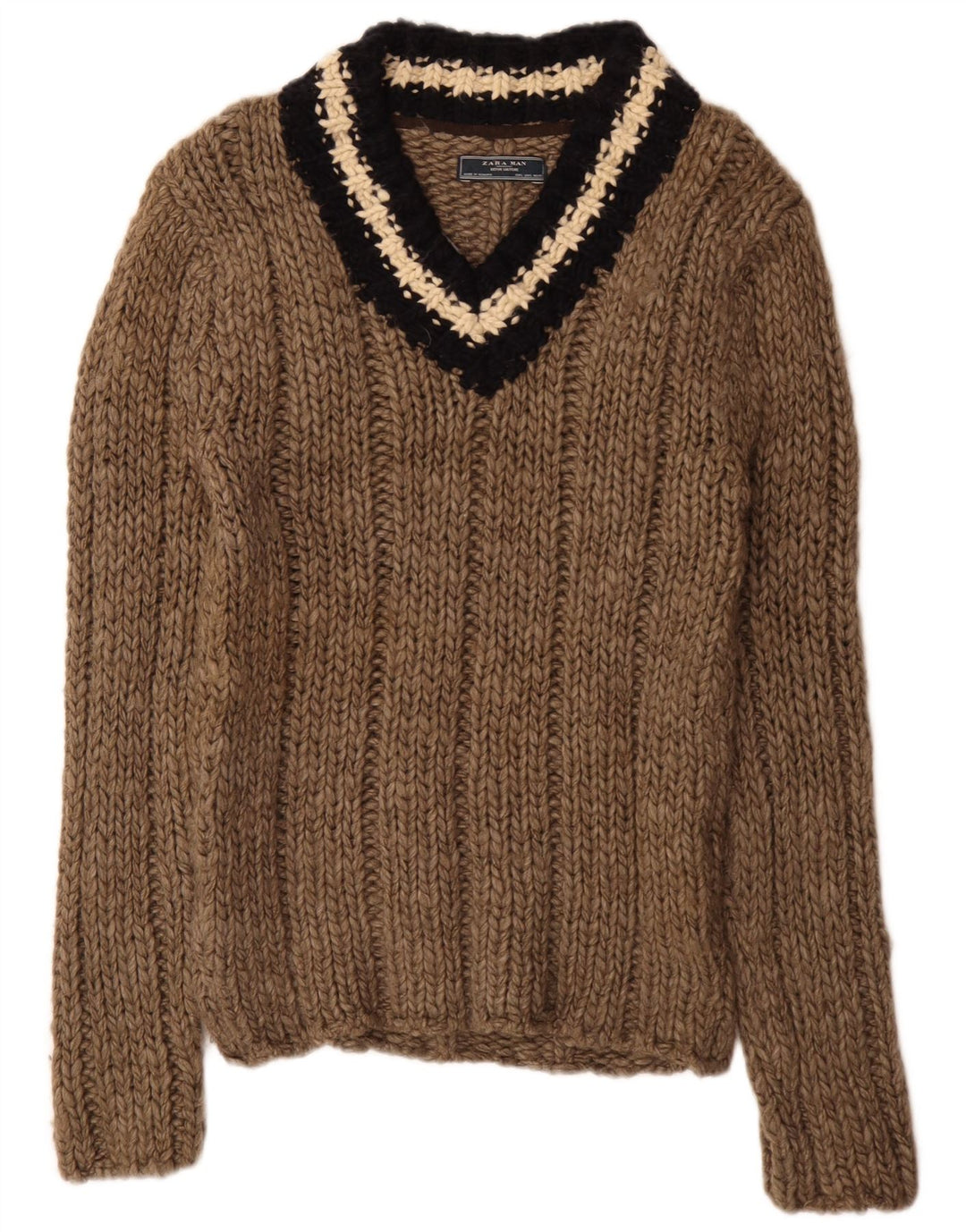 Zara Herre V-hals sweater Stor brun stribet akryl