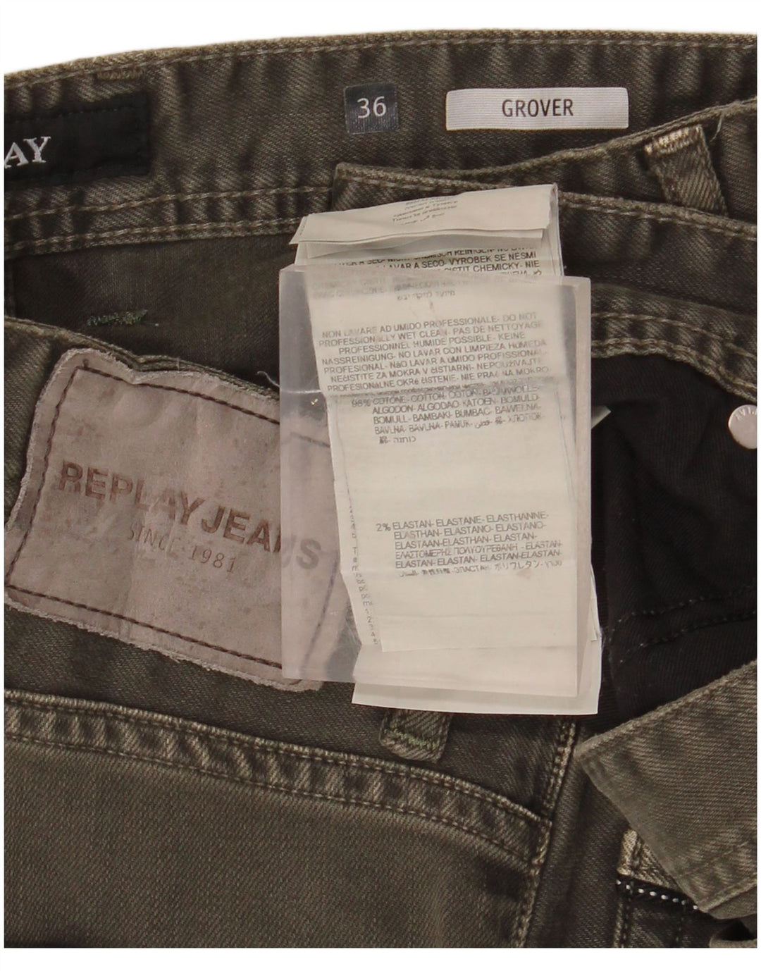 REPLAY Herre Grover Slim Jeans W36 L32 Khaki Cotton