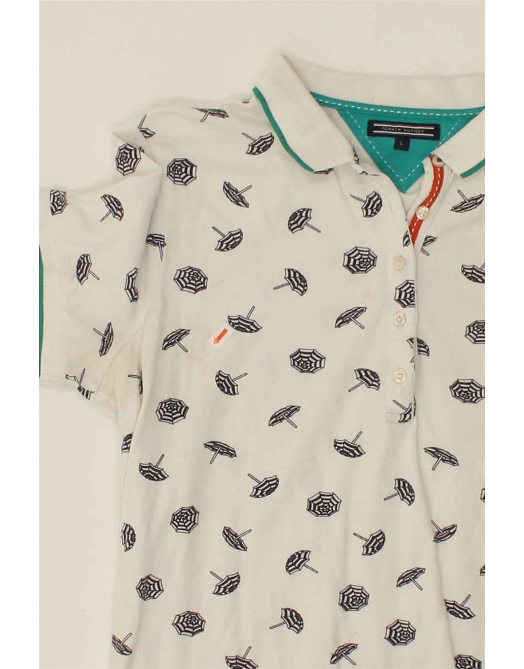TOMMY HILFIGER Womens Abstract Pattern Polo Shirt UK 14 Large White Cotton Vintage Tommy Hilfiger and Second-Hand Tommy Hilfiger from Messina Hembry 