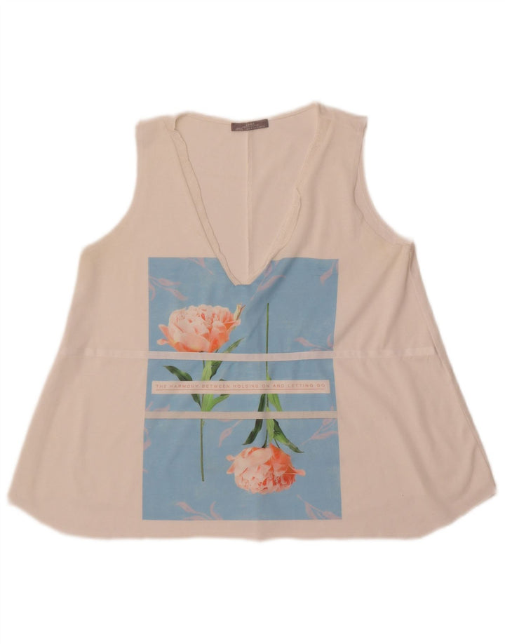 Zara Kvinder Grafisk Vest Top UK 10 Small White Floral