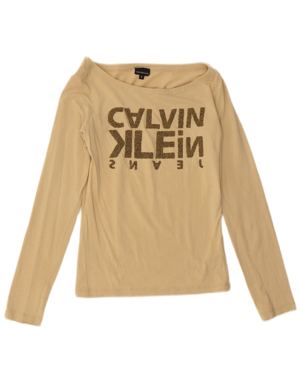 CALVIN KLEIN JEANS Womens Graphic Top Long Sleeve UK 8 Small Beige Cotton