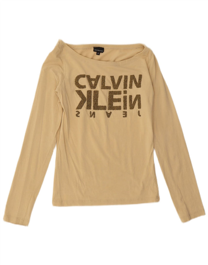 CALVIN KLEIN JEANS Dame Grafisk Top Langærmet UK 8 Lille Beige Bomuld