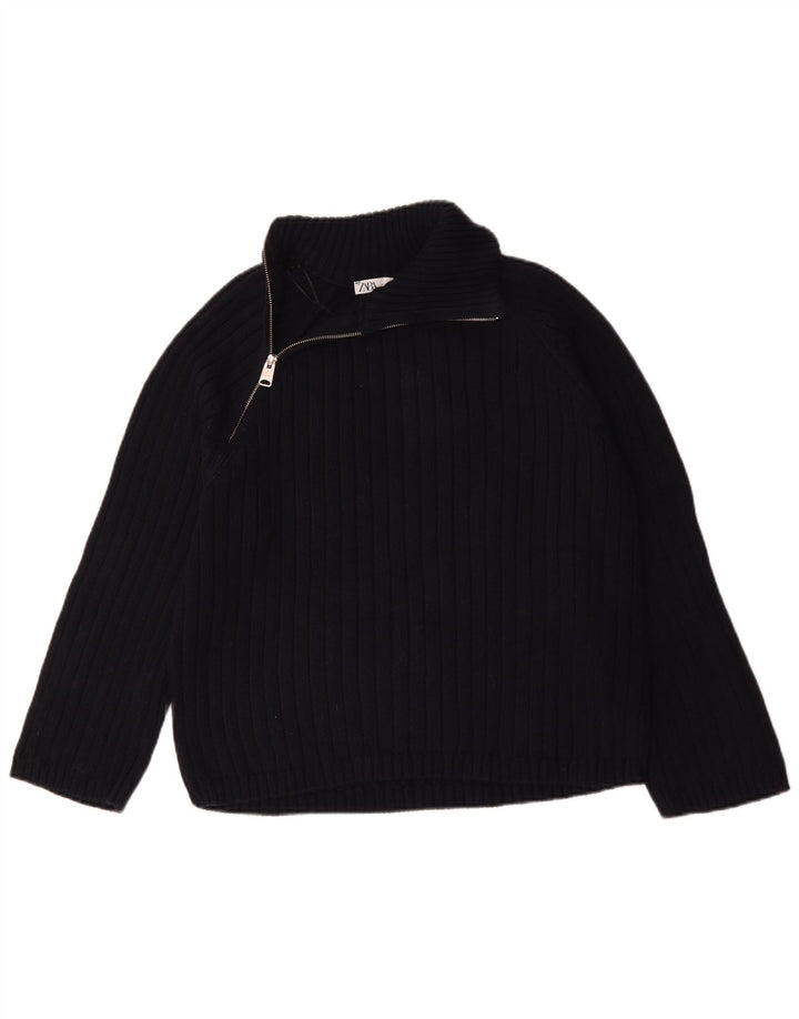 Zara Herre Regular Fit Zip Neck Sweater Small Navy Blue Bomuld