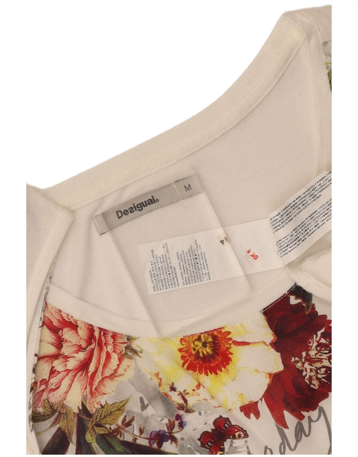 Desigual Dame Grafisk Tunika Top UK 12 Medium White Floral Viscose