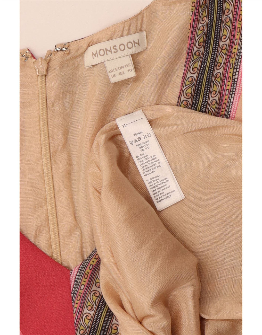 MONSOON Dame Asymmetrisk Kjole UK 14 Stor flerfarvet Patchwork