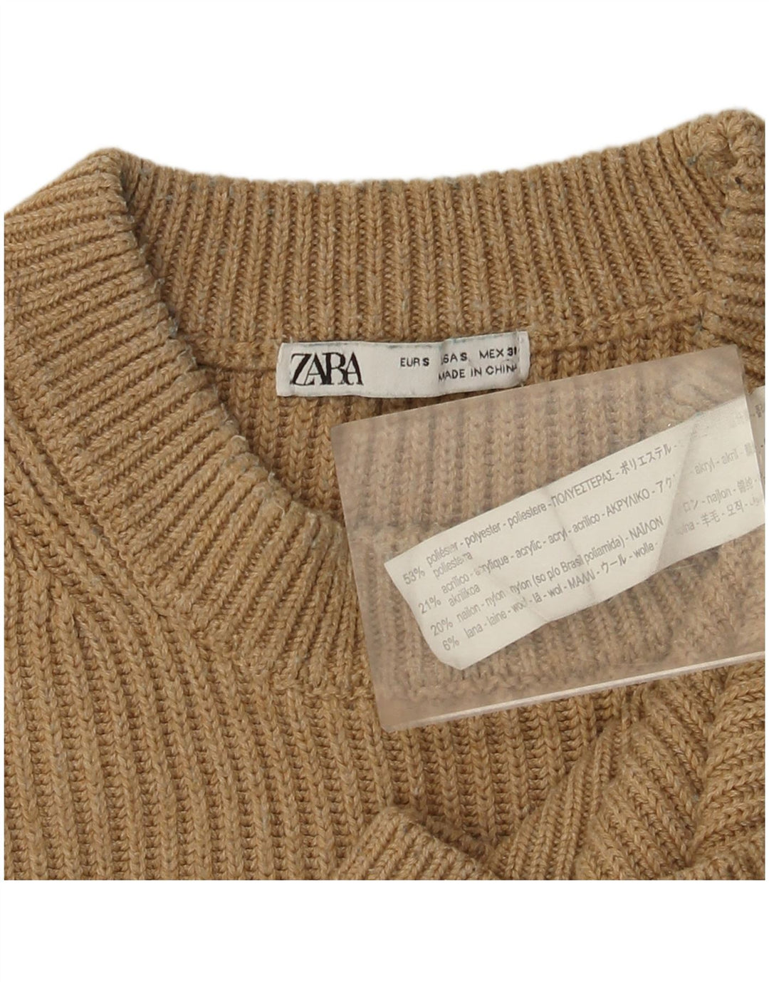 Zara Herre Crew Neck Jumper Sweater Lille Beige Polyester