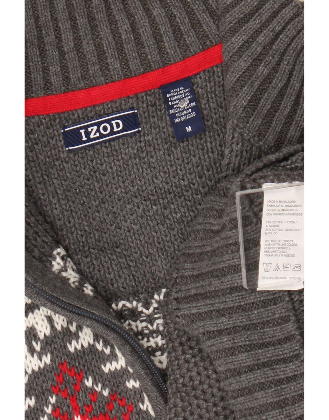 Izod Herre Zip Neck Jumper Sweater Medium Grey Fair Isle Bomuld