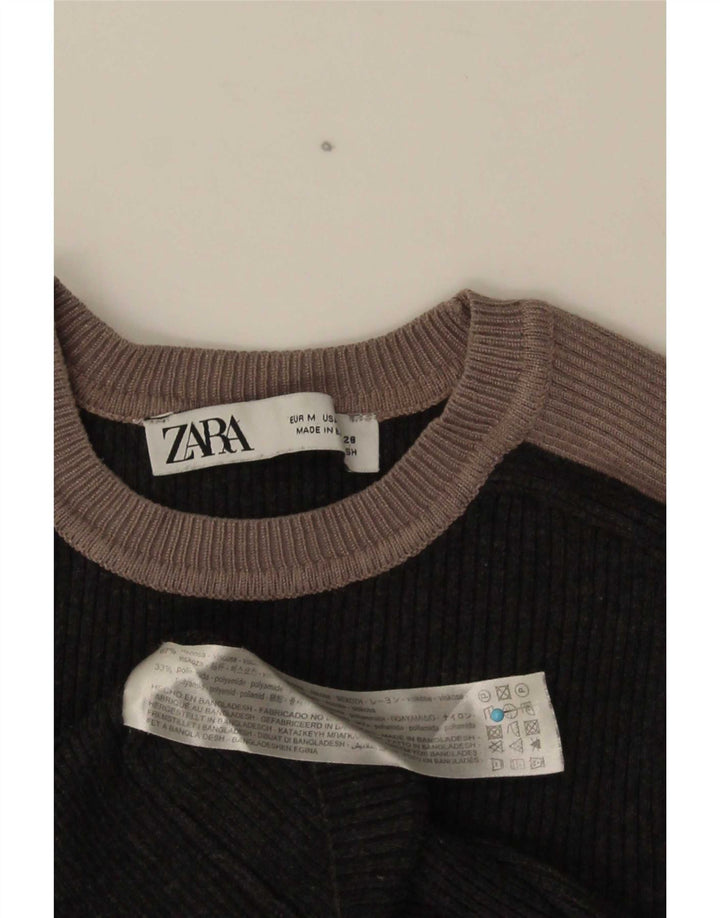 Zara Womens Crop Top Langærmet UK 12 Medium Grey Colourblock Viscose