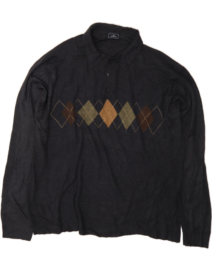 DOCKERS Herre Polo Neck Jumper Sweater 3XL Navy Blue Argyle/Diamond