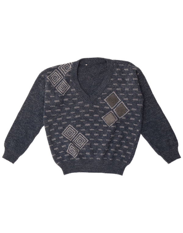 Vintage Herre V-hals sweater Medium Marineblå Geometrisk