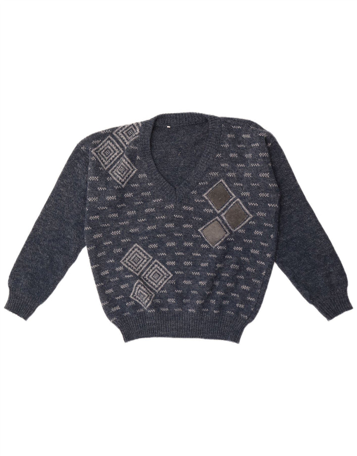 Vintage Herre V-hals sweater Medium Marineblå Geometrisk