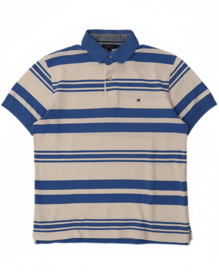 TOMMY HILFIGER Mens Polo Shirt Medium Blue Striped Cotton Vintage Tommy Hilfiger and Second-Hand Tommy Hilfiger from Messina Hembry 