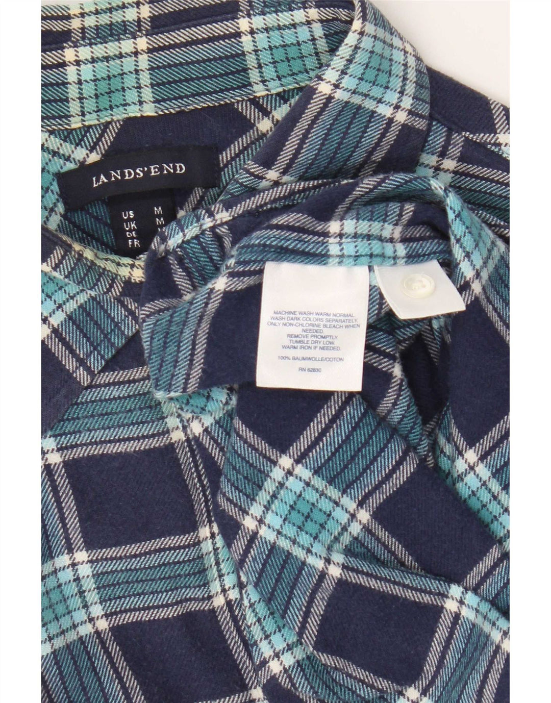 Lands End Womens Flannel Shirt UK 14 Medium Navy Blue Check Cotton