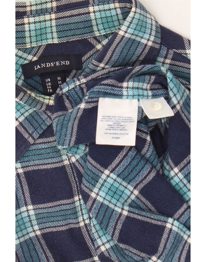 Lands End Womens Flannel Shirt UK 14 Medium Navy Blue Check Cotton