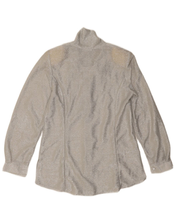 Vintage Dame Front Tie Shirt Bluse UK 12 Medium Sølv Flecked