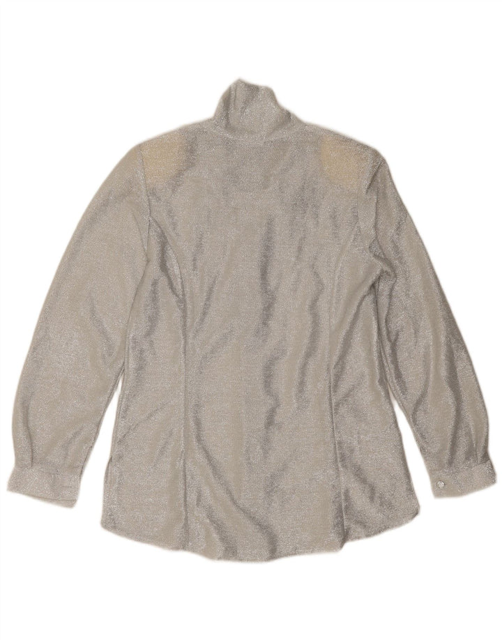 Vintage Dame Front Tie Shirt Bluse UK 12 Medium Sølv Flecked