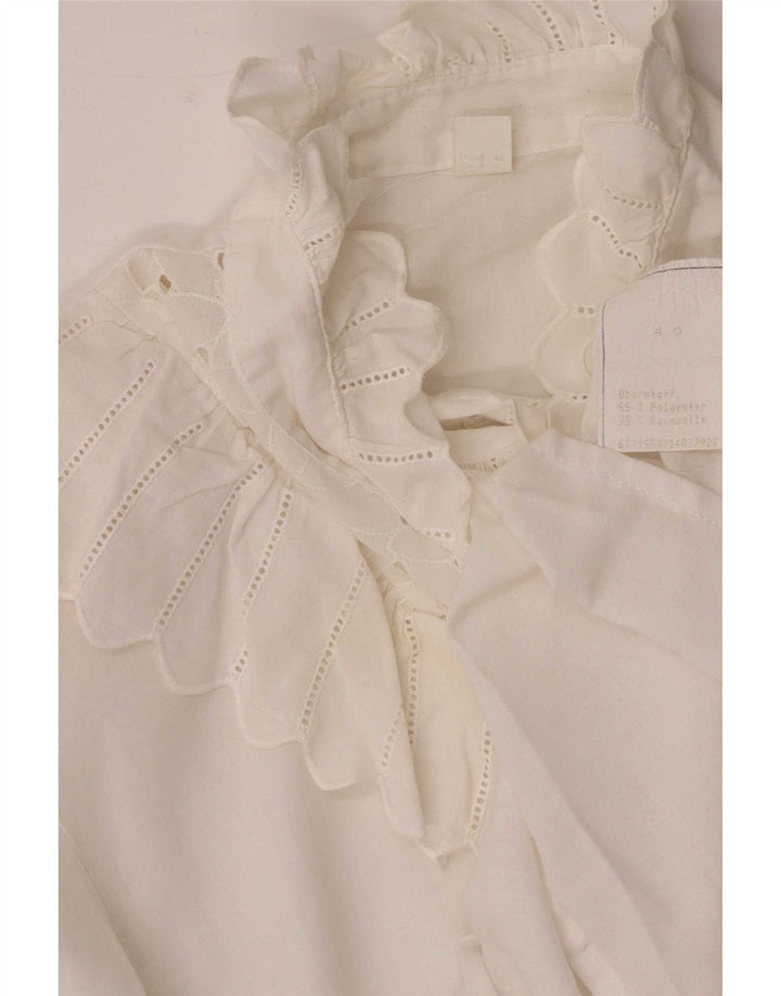 Vintage kvinders 3/4 ærmer flæse foran skjorte bluse UK 12 Medium White