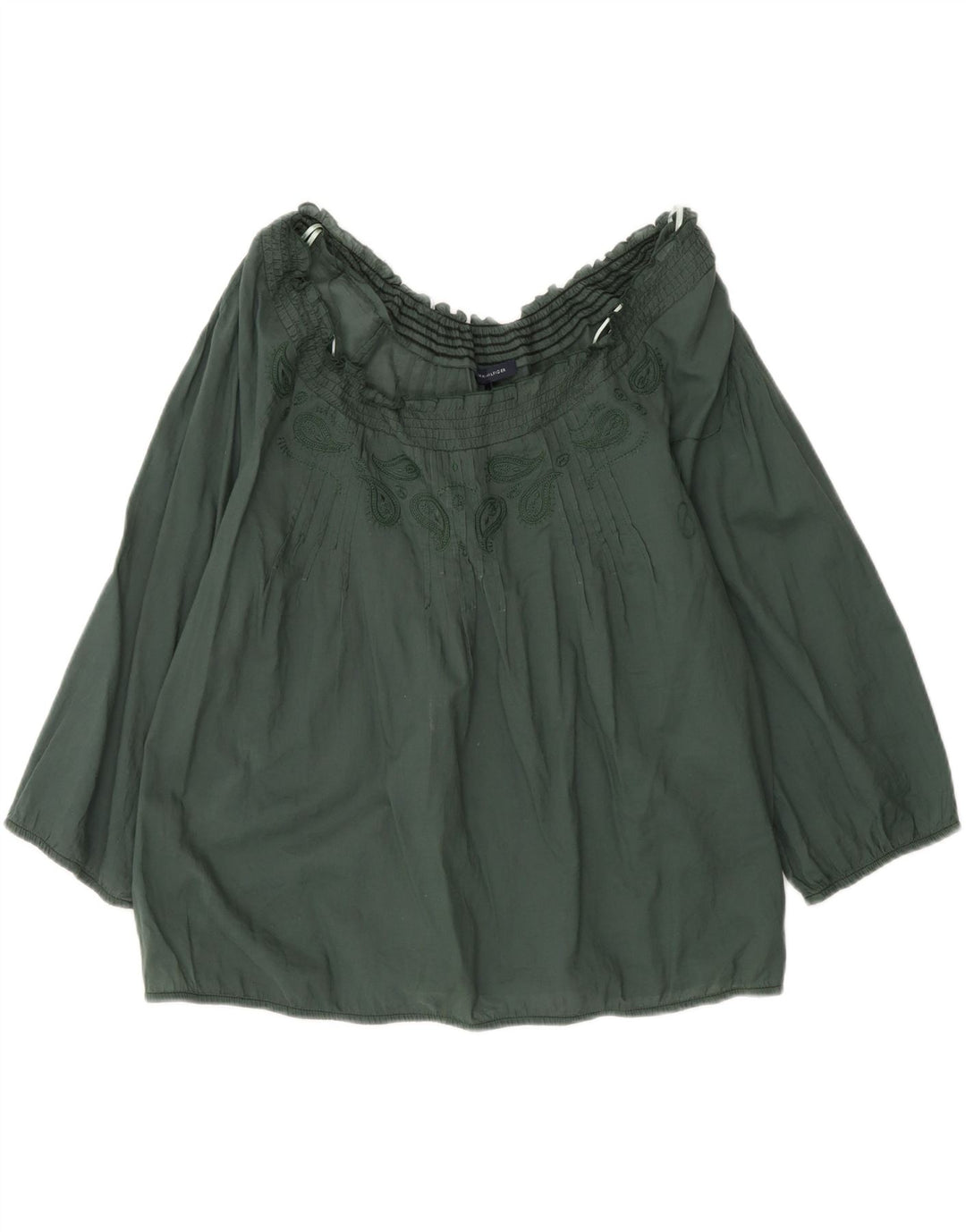 TOMMY HILFIGER Womens Off Shoulder Top US 6 Medium Green Paisley