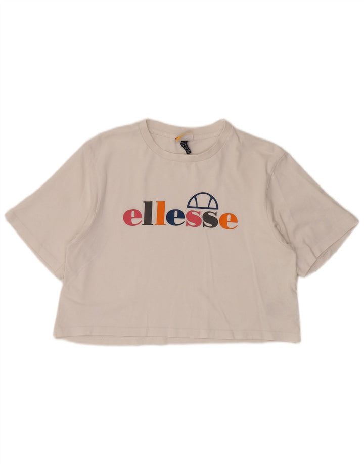 ELLESSE Dame Crop Grafisk T-Shirt Top UK 12 Medium Hvid Bomuld