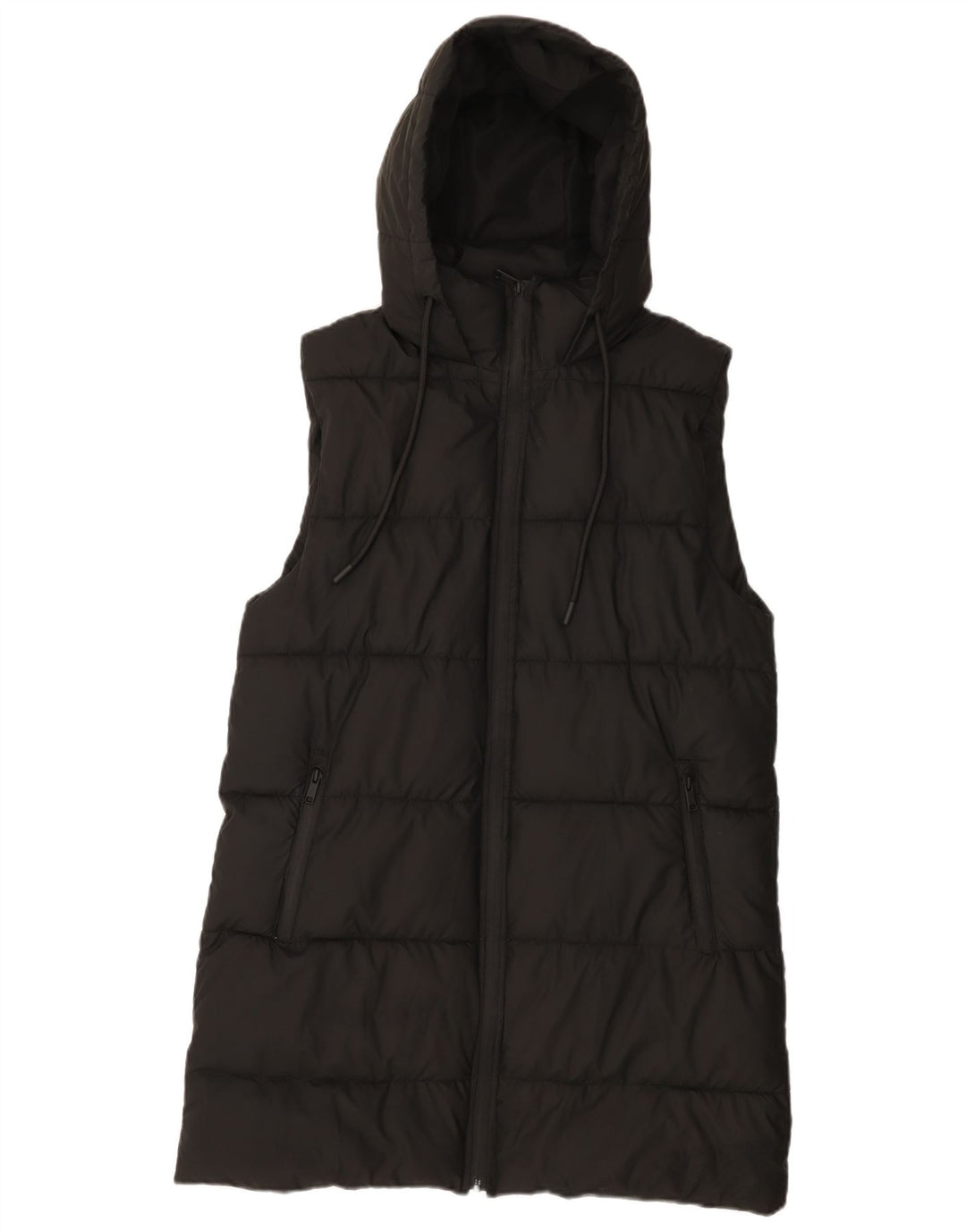 Zara Dame Hætte Ærmeløs Polstret Frakke UK 14 Medium Sort Polyester