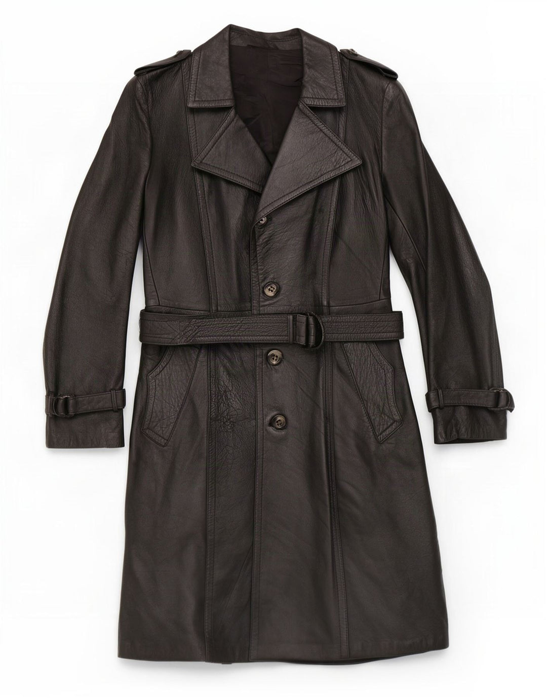 Vintage Herre Læder Trench Coat IT 46 Lille Sort