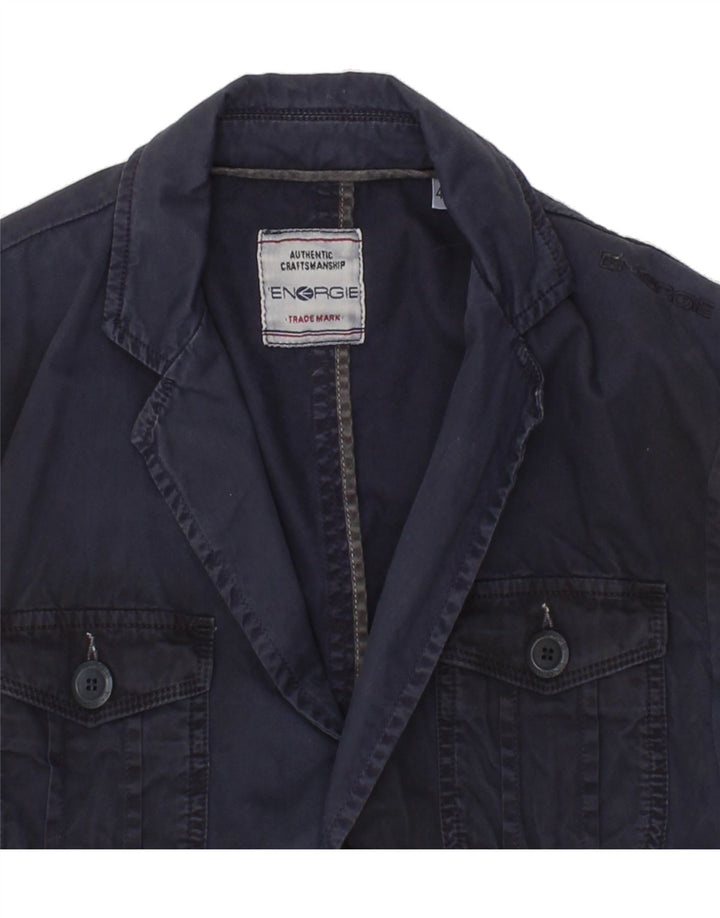 ENERGIE Womens 2 Button Blazer Jacket IT 46 Large Navy Blue Cotton Vintage Energie and Second-Hand Energie from Messina Hembry 