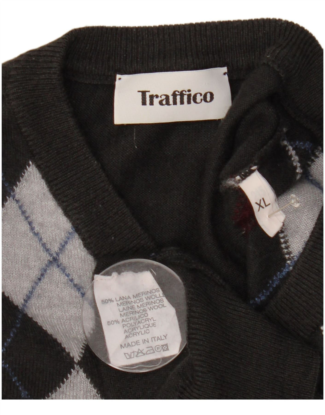Vintage Herre V-hals sweater XL Grå Argyle/Diamond Wool