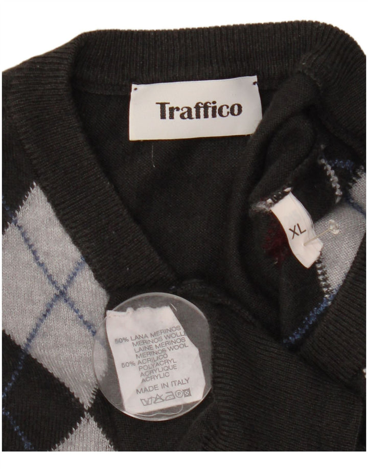 Vintage Herre V-hals sweater XL Grå Argyle/Diamond Wool